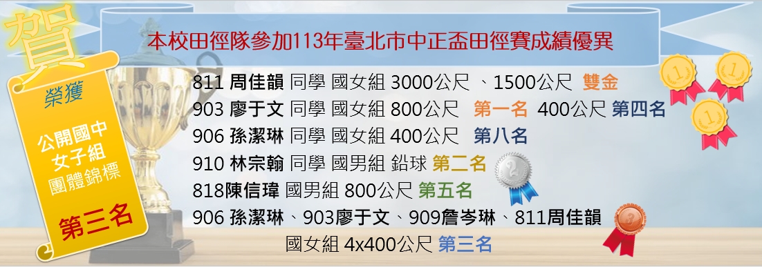 本校田徑隊參加113年臺北市中正盃田徑賽成績優異